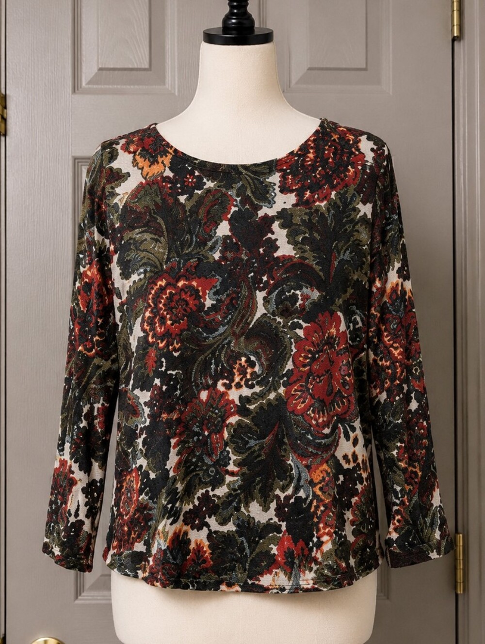 J. Jill Petite Small Red Black Floral Rayon Blouse